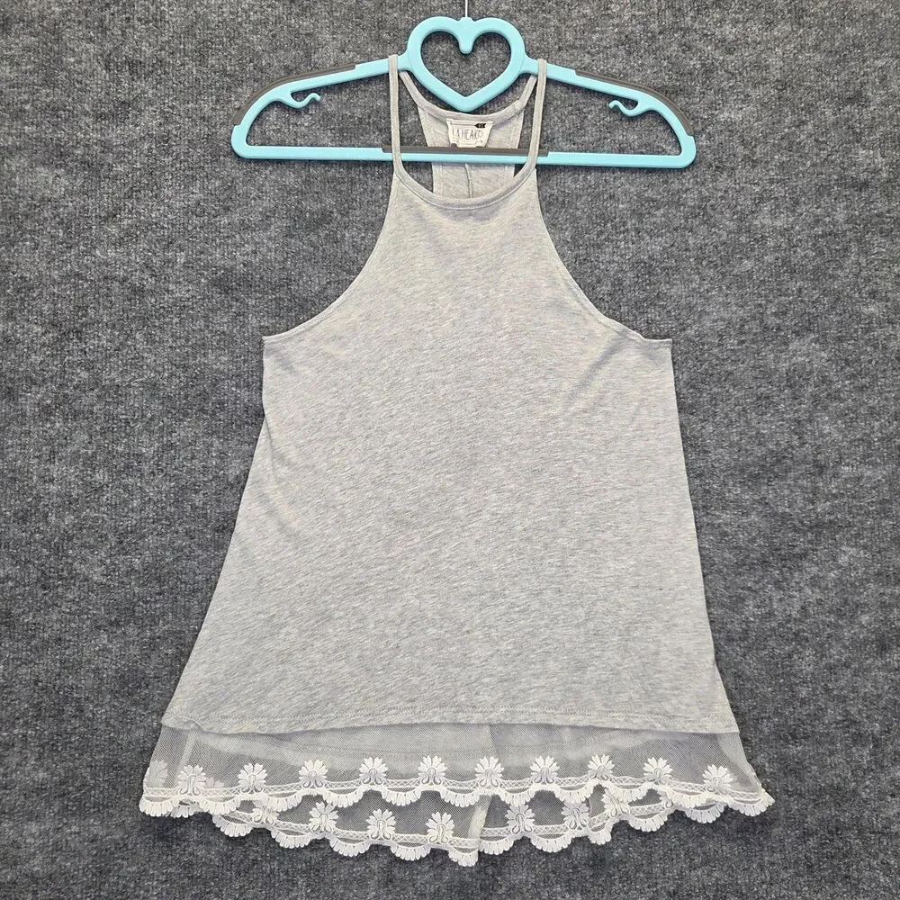L.A. Hearts Tank Top Womens XS Gray Halter Embroidered Lace Hem Jersey
